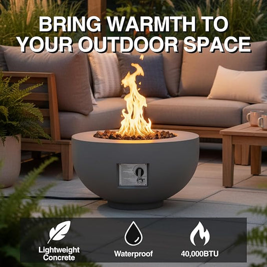28-inch Outdoor Round Fire Pit Table,40,000 BTU Fire Pit Bowl, Light Concrete Propane Fire Pit with Free Lava Rocks, Rain Cover and Burner Lid, for Outside Patio, Garden, Deck, Light Grey