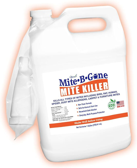 Mite Killer Treatment Spray for Home by Mite-B-Gone - Kills All Types of Mites, Dust, Spider, Rat, Carpet & Bird Mites | Safe for Homes, Furniture & Animals | Non-Toxic | Kid & Pet Friendly | 1 Gal