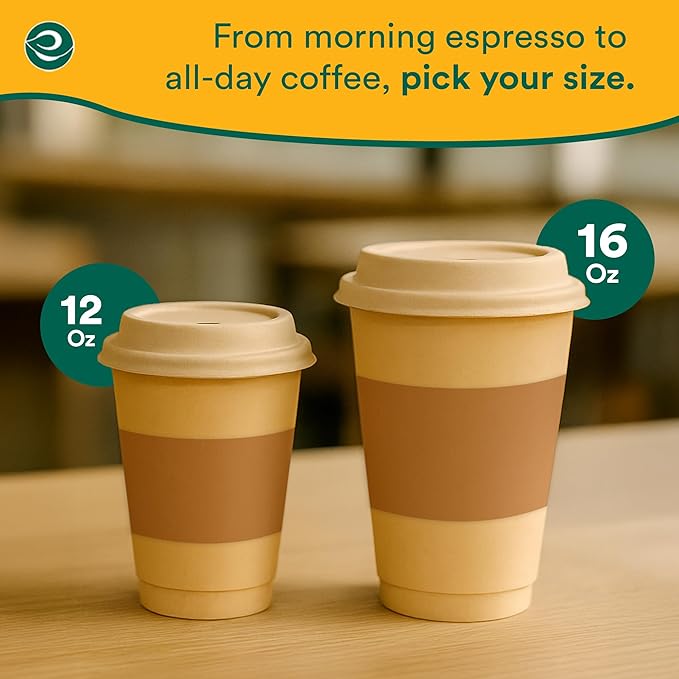 ECO SOUL 100% Compostable Coffee Cups With Lids & Sleeves - To Go Coffee Disposable Bagasse Cups |Sturdy & Eco-Friendly Cups for Cafes, Party, Office (100, 16 Oz)
