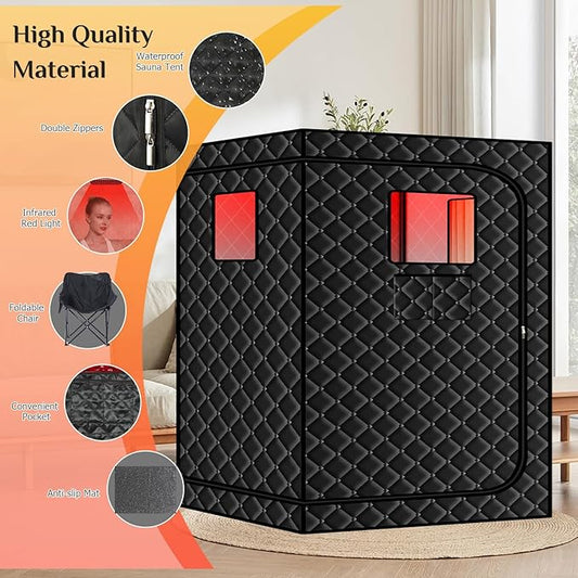 Smartmak 2 Person Portable Sauna Box with Infrared 660nm Red Light Therapy Lamp for Home Relaxation, Large Full Body Sauna Tent, 1500W High Power Hot Air Heating Saunas Spa Pod, 2 Folding Chairs