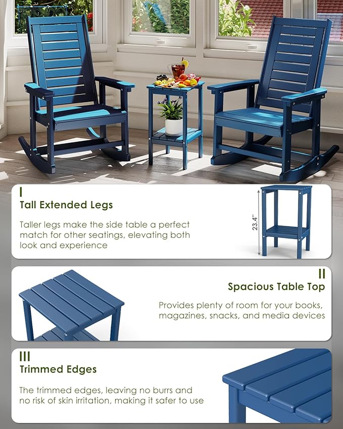 GREENVINES Tall-Outdoor-Side-Table | 23.5" | HDPE Plastic | Patio Adirondack End Tables | All Weather | 2-Tier | Blue | for Porch Garden Indoor & Rocking Chairs
