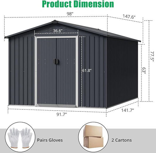8X12 FT Metal Outdoor Storage Shed, Large Galvanized Steel Garden Tool Shed with Lockable Double Doors & Ventilation - Weatherproof Shelter for Bicycles, Lawn Mowers, Tools in Backyard