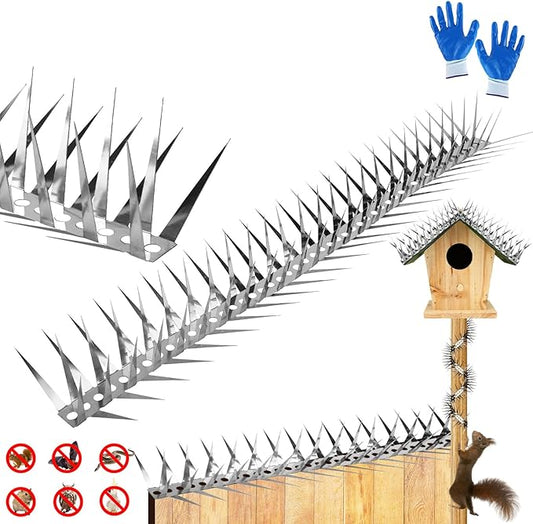 Bird Spikes 32 FT Stainless Steel Bird Deterrent, Snake and Raccoon Deterrent, Squirrel Baffles for Bird Feeders, Anti Climb Spikes, Prevent Squirrels from Stealing The Bird Food