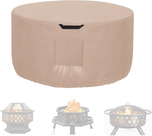 Kovshuiwe Round Fire Pit Cover-600D Fabric Waterproof and Resistant Material, Fits Outdoor For 27-30 Inch Fire Pit /Table Cover, Patio Fire Bowl Cover-30"DIA x 18"H, Khaki