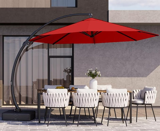 Kingdura 12ft Cantilever Patio Umbrella with Base Included, Large Round Offset Outdoor Pool Umbrella, 360° Rotation & Infinite Tilt, Heavy Duty Aluminum Frame for Deck Backyard, Red