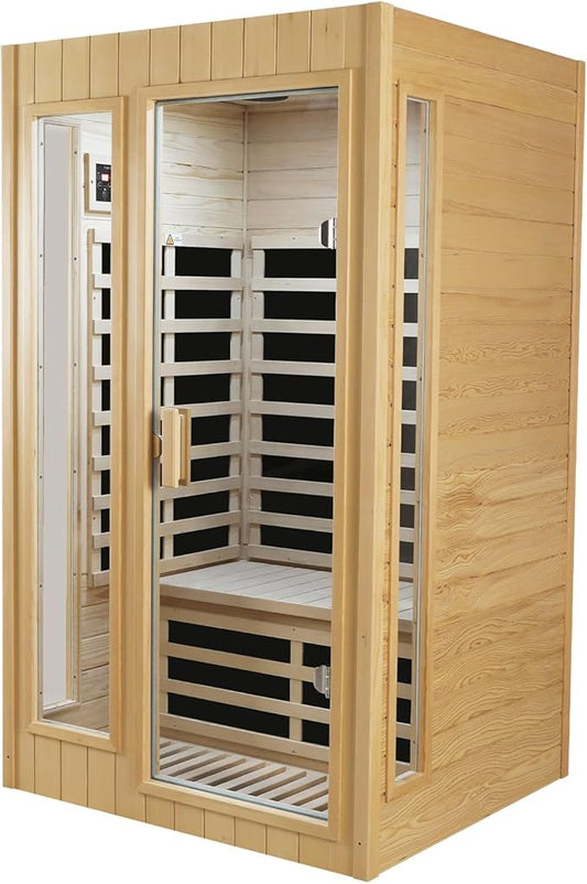 LTCCDSS Sauna, Far Infrared Saunas for Home, Wood Sauna 2 Person 1500W/120V Low Emf Indoor Sauna Room with Tempered Glass Door/Bluetooth Speakers/2 LED Lights - 43.2 * 38.3 * 73 inch
