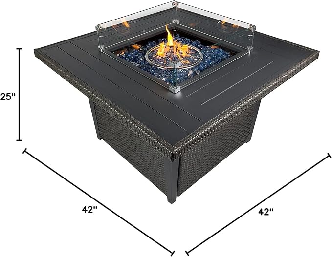 Kinger Home Ethan Rattan 42-Inch Propane Gas Fire Pit Table, Outdoor Patio Firepit, 50,000 BTU, CSA Certified, Includes Wind Guard & Fire Glass