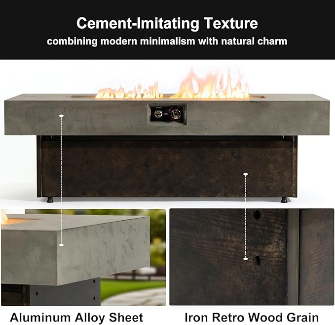 Propane Fire Pit Table, 55 Inch Firepits for Outside, Rectangle Gas Fire Pits for Outside Patio, Backyard, Pool, 50000BTU, Free Waterproof Cover, Tank Outside, Tank Not Included, Brown+Gray