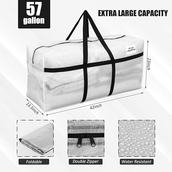 Windyun 4 Pack 57 Gallon Extra Large Storage Bags XXL Moving Bags with Zipper Handle Heavy Duty Jumbo Big Tote Box for Christmas Tree Storage 4, 5, 7.5, 9, 10, 12 ft Skeleton College Dorm(Transparent)