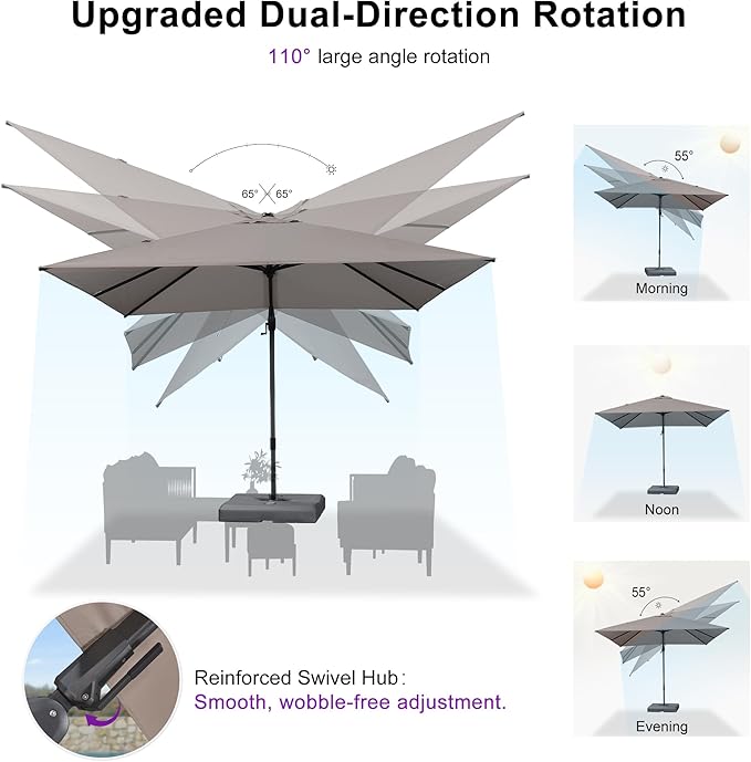 PURPLE LEAF 10' X 6.5' Swivel Outdoor Patio Aluminum Umbrella with Base Left-right Tilting Cantilever Offset Umbrella with UV Resistant Heavy Duty Fabric for Deck Pool Patio Backyard, Ash Mocha