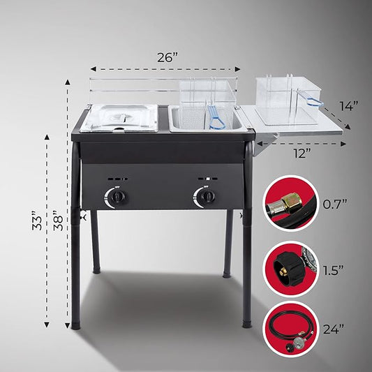 Two Tank Outdoor Deep Fryer with Baskets | Propane Deep Fryer with 2 Stainless Steel Basket & Lid Covers | Large Oil Tank Capacity with Regulating Knobs (Black)
