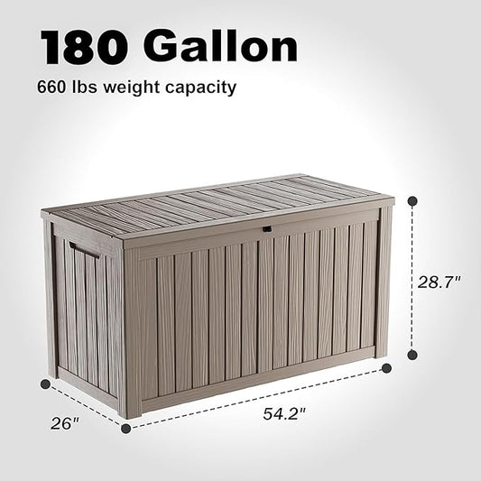 DRATO 180 Gallon Outdoor Storage Box, Large Waterproof Deck Box, Lockable Resin Storage Container with Reinforced Support for Patio Cushions, Garden Tools, UV-Resistant Outdoor Chest