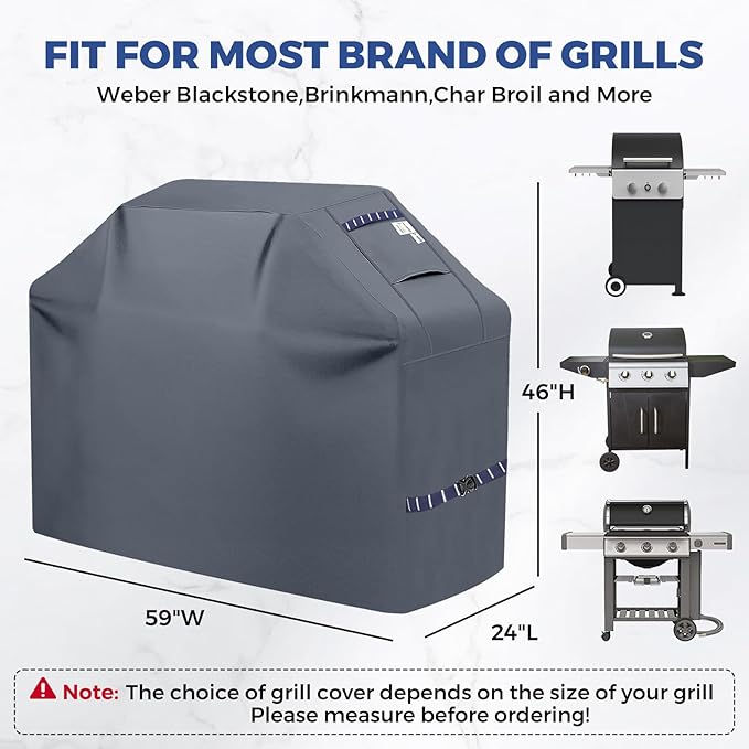 Kiafmol Grill Cover for Outdoor Grill 600D Heavy Duty 59Inch Waterproof,UV & Fade Resistant,BBQ Cover with Adjustable Straps,BBQ Grill Cover for Weber,Blackstone,Charbroil etc,Grey