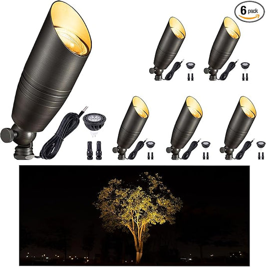 Gardenreet Low Voltage Spot Lights - Solid Brass Landscape Spotlight Wired, 12V Outdoor LED Bullet Uplights, Waterproof Electric Bronze for Patio Wall with 2700K Warm White MR16 Bulb (6 Pack)