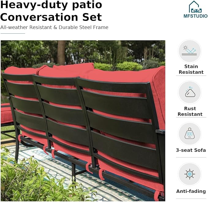 MFSTUDIO 4 Piece Patio Conversation Sets, All Weather Metal Frame Outdoor Furniture Set Patio Sofas with 1 x 45 Rectangular Fire Pit Table, 1 x 3-Seat Sofa, 2 x Sofa Chairs, Burgundy Red Cushion