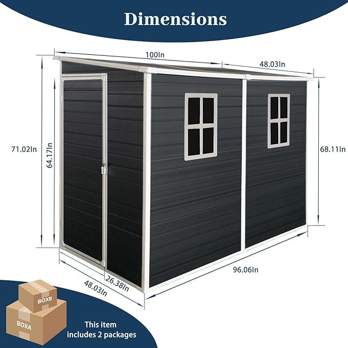 4‘x8’ Lean to Shed, Resin Storage Sheds Outdoor with Floor Included, Plastic Sheds & Outdoor Storage Clearance with 2 Windows, Backyard Storage Sheds for Garden Tools, Bicycle