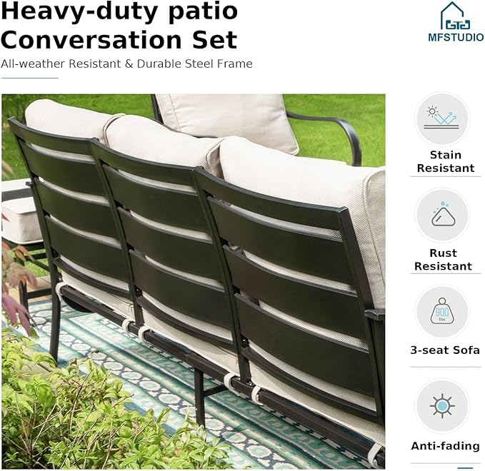 MFSTUDIO 4 Pieces Patio Conversation Sets(5 Seat),Outdoor Metal Furniture Sofas with 1 Loveseat(3 Seat), 2 Rocking Chairs,1 Coffee Table,Wrought Iron with Beige Cushion for Patio Courtyard Balcony