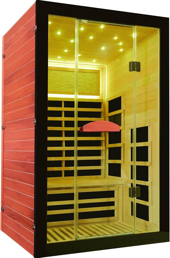 RIGO Far Infrared Sauna for Home 2 Person Sauna for Home Okoume Wood Red Sauna with Low EMF Infrared Sauna 2000W Dry Sauna 2 Person with 7 Colorful Light, Speaker and Tempered Glass Door