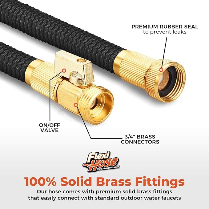 Flexi Hose Expandable Garden Hose with 8 Function Nozzle, 25FT - Lightweight Retractable Garden Hose, Water Hose - No-Kink Flexibility, 3/4 Inch Solid Brass Fittings and Double Latex Core