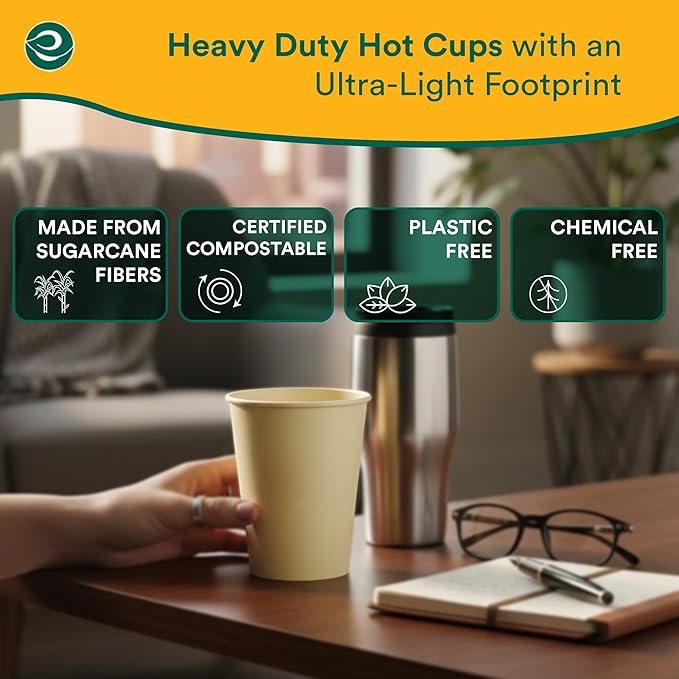 ECO SOUL 100% Compostable Plant-Based 12oz Hot Cups | (200 Count, 12 oz Hot Cups) | Disposable Bagasse Paper Cups | Eco-friendly Cups | Sturdy, Microwave & Oven Safe