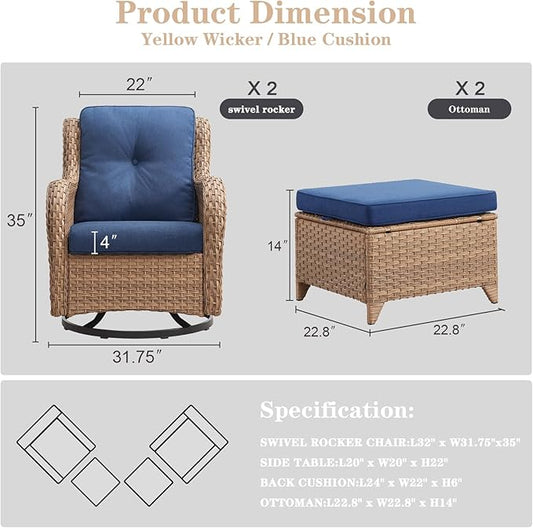 Belord 4 Pieces Patio Furniture Sets, Wicker Patio Swivel Glider Chair with Ottomans, Outdoor Furniture Set for Outside Porch, Deck, Balcony, Garden, Yellow