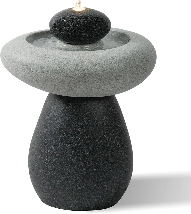 Puulye 24.02" H Outdoor Water Fountain Made with Eco-Friendly Recyclable Materials, Polyethylene Rock Waterfall Outdoor Fountain, Garden Decor with LED Light & Pump for Patio, Backyard