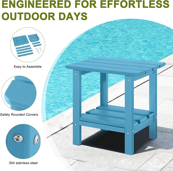 Set of 2 Outdoor Side Table, 2-Tier Small Patio End Table, Weather Resistant HDPE Adirondack Outdoor End Tables for Garden, Lawn, Pool, Beach, Porch, Deck, Backyard - Square, Blue