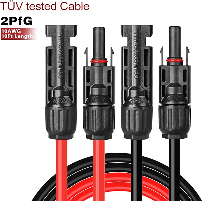 Solar Cables 10AWG Solar Panel Extension Cable,6mm² Solar Cable Wire with 1 Pair 10 Feet Black + 10 Feet Red Weatherproof Tinned Copper Extension Cable Wire Adapter Kit