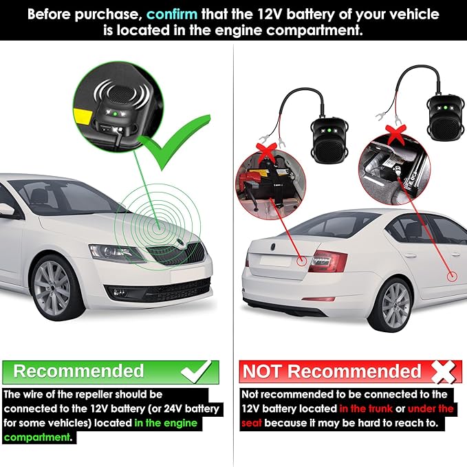 Under Hood Rodent Repellent for Car Engines, Dual Action Ultrasonic & LED Strobe Lights for High-Efficiency Rat and Mouse Deterrent, Pest Control for 12V 24V Vehicles, Cars, Trucks, RVs