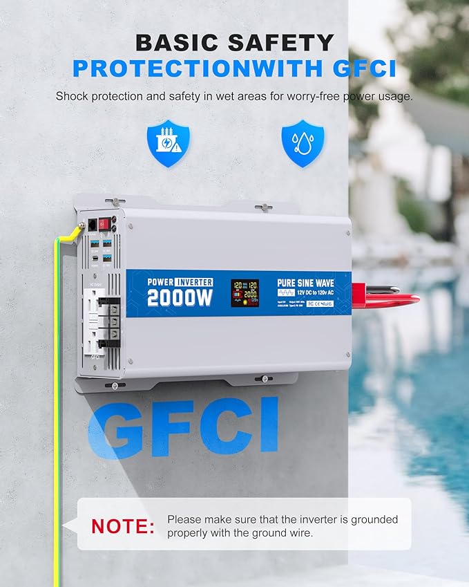 2000W Pure Sine Wave Power Inverter 12V DC to 120V AC Converter 4000 Watt Peak Power Multi-Display Screen with 2 GFCI Outlet 30W USB and 18W Type-C for Car RV Truck Boat Off-Grid, Gray Blue