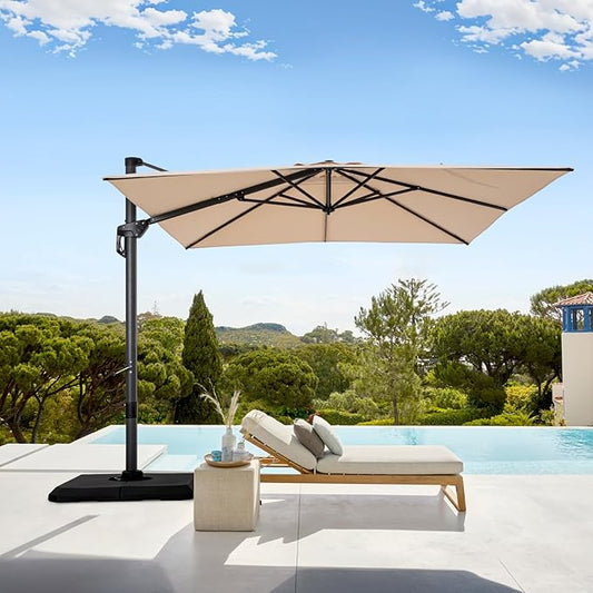 GREEN PARTY 9x12 ft Cantilever Patio Umbrella with Base, Rectangle Offset Outdoor Umbrellas with 360° Rotation, 5-Year-Non-Fading Hanging Pool Umbrella for Garden Deck Poolside - Beige
