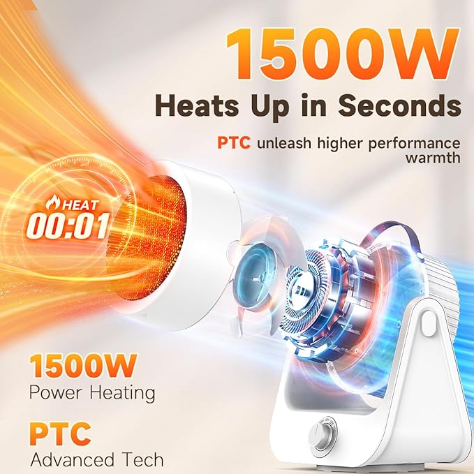 1500W PTC Ceramic Electric Heater, 250Sq.ft 1S Heating, 4 Modes, 100° Vertical & Horizontal 3D Swing Patio Heaters for Outdoor Use, Tip-over&Overheat Safe Space Heaters for Indoor Use Garage