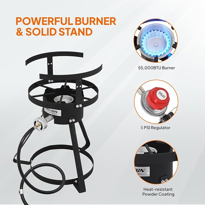 ROVSUN 10Qt Aluminum Fish Fryer Pot with Strainer Basket, Outdoor Fryer with 55,000 BTU Propane Gas Burner, Thermometer & Lid for Fish, Chicken Wings, Seafood Frying & Backyard Cooking
