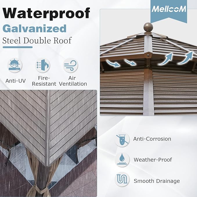 MELLCOM 12' x 12' Hardtop Gazebo, Galvanized Steel Double Roof Outdoor Gazebos, Aluminum Frame with Netting and Curtains for Patios, Gardens, Lawns