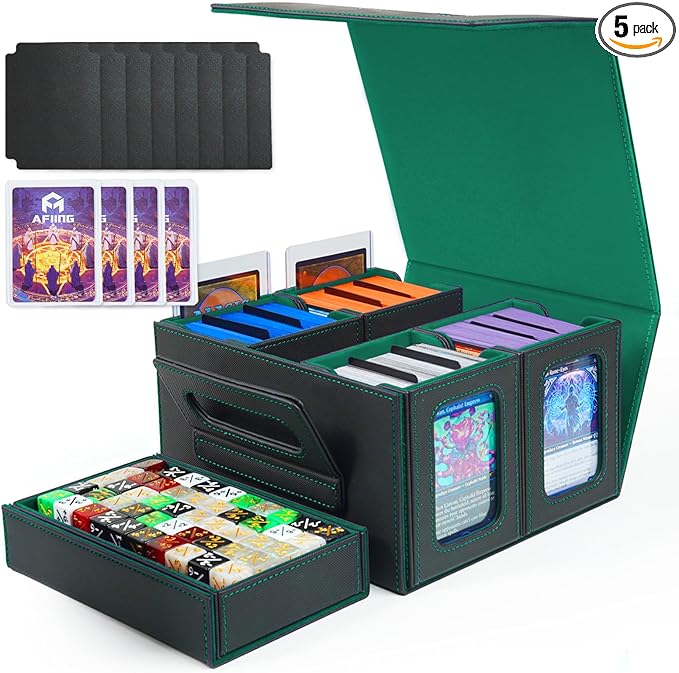 AFIING Commander Deck Box for MTG, Holds 400+ Double-Sleeved Cards, 4 Removable Deck Cases with Display Window, Dice Tray/Handle,Trading Card Storage Organizer/Dividers for TCG (Black Green)