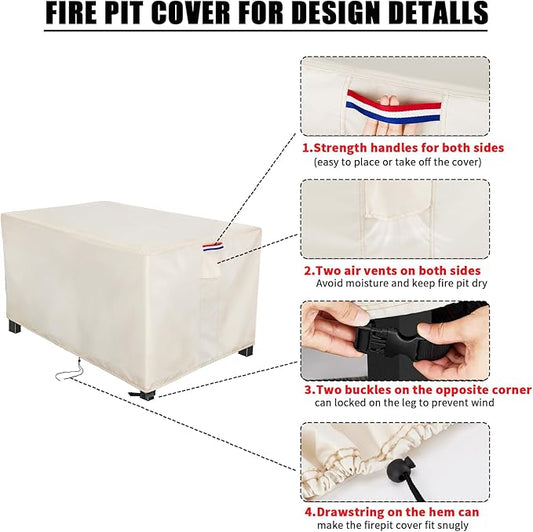 Fire Pit Cover Rectangular 54 Inch - Waterproof Outdoor Fire Table Cover Rectangle Heavy Duty, 600D Patio Propane Gas Firepit Cover Rectangular Tear Weather Resistant - 54 x 28 x 24 Inch Beige