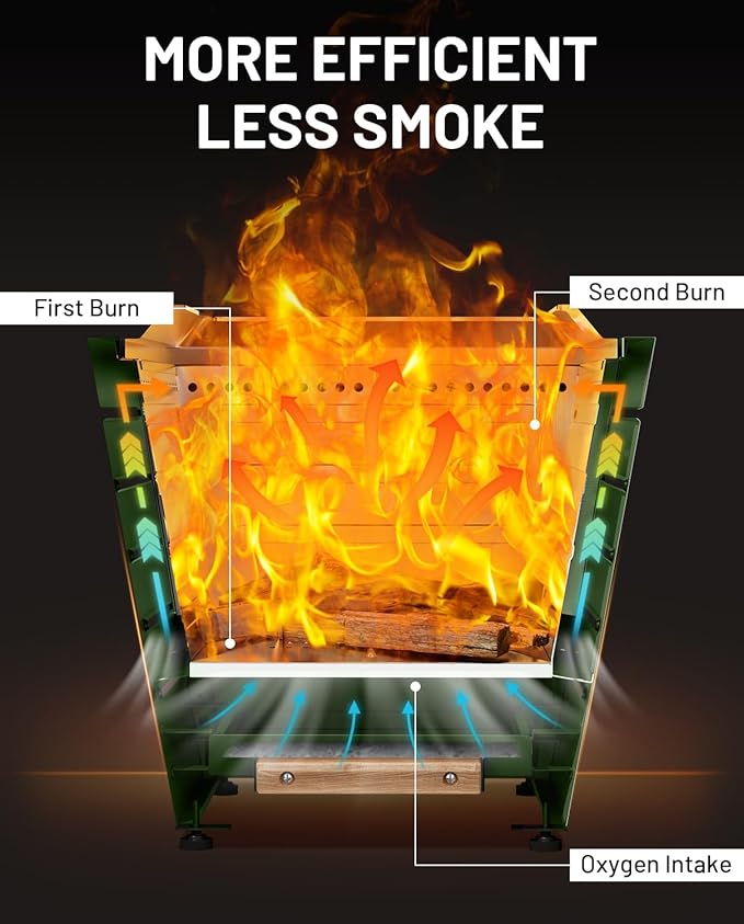 20 Inch Smokeless Fire Pit Stainless Steel Wood Burning Fireplace Portable Outdoor Fire Pit Patio Smokeless Firepit with Pull-Out Ash Tray and Handles, Green
