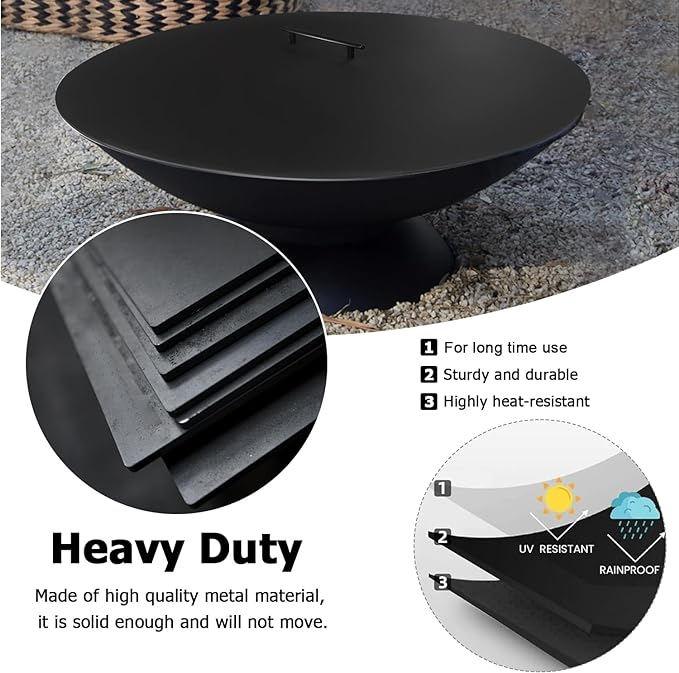 34" Fire Pit Cover Lid Round Outdoor Fireplace Cover Lid Heat Resistant Flat Fire Pit Burner Pan Cover for Round Patio Fire Pit Prevent Sparks, Snuff Campfire