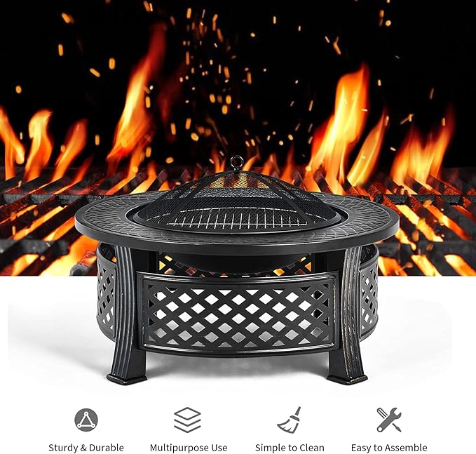 Giantex 3 in 1 Fire Pit, 32" Outdoor Wood Burning Fire Pit, Multifunctional Round Firepit Stove, Metal Fire Bowl with Cover, Portable Fire Pits for Outside Heating, Bonfire, Picnic, Grill