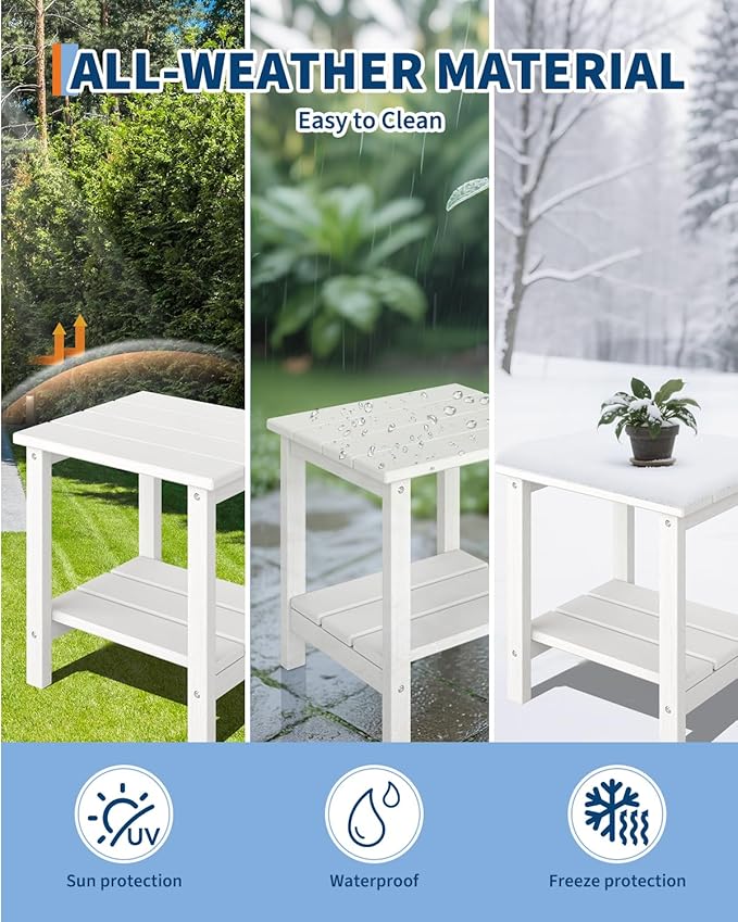 GarveeLife Outdoor Side Table 2-Tier, 18 in HDPE All Weather Resistant Patio Side Tables for Outside, End Table for Patio Pool Deck Indoor Backyard, White