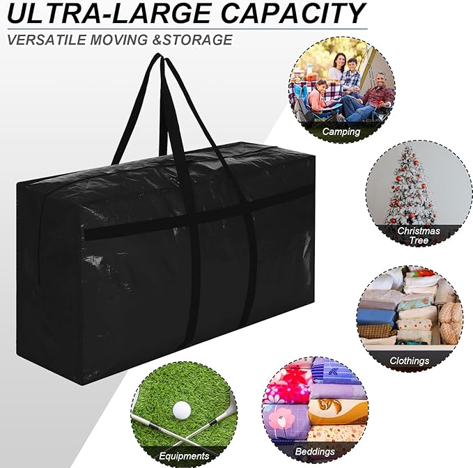 Windyun 4 Pack 98 Gallon Extra Large Storage Bags XXL Moving Bags with Zipper Handles Heavy Duty Jumbo Big Tote Box for Christmas Tree Storage 4, 5, 7.5, 9, 10, 12 ft Skeleton College Dorm(Black)