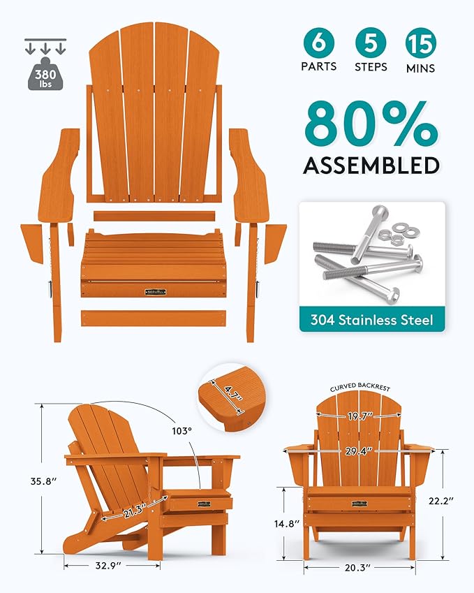 SERWALL Adirondack Chair Set of 8 for Patio Garden Outdoors Fire Pit- Apricot