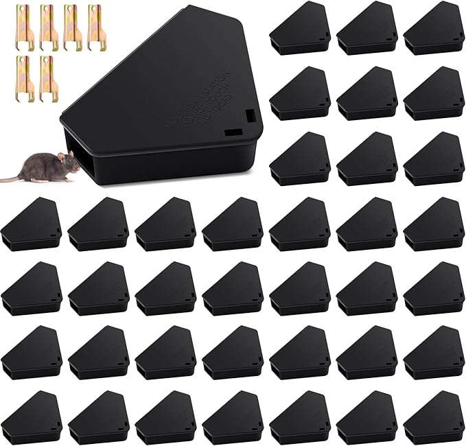 Qualirey 48 Pcs Mice Station with Key Triangle Bait Station Reusable Rodent Trap Bait Box, Keeps Children and Pets Safe Indoor & Outdoor, Bait Not Included, Suitable for Small Mice (Black)