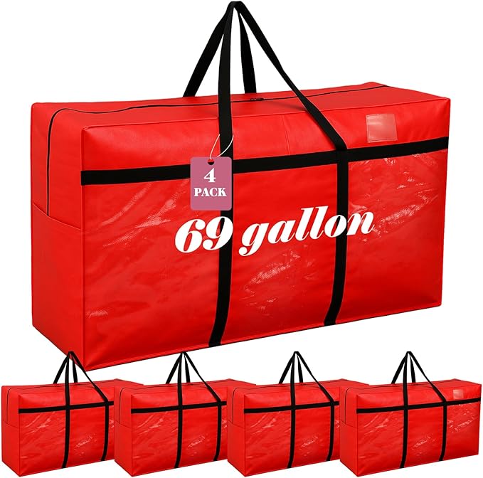 Windyun 4 Pack 69 Gallon Extra Large Storage Bags XXL Moving Bags with Zipper Handles Heavy Duty Jumbo Big Tote Box for Christmas Tree Storage 4, 5, 7.5, 9, 10, 12 ft Skeleton College Dorm(Red)