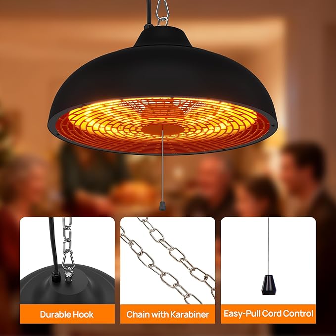 Hanging Patio Heater, Ceiling Mounted, Electric Patio Heater, Built in Temperature Control, Suit for Outdoor/Indoor, Greenhouse, 600W/900W/1500W, Black