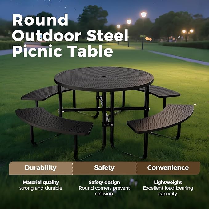 KUFUH 46" Coated Round Metal Picnic Table for 4-8 Person, Durable Heavy Duty Commercial Picnic Table with Umbrella Hole for Outdoor Coffee Shop, School, Easy to Install, Black