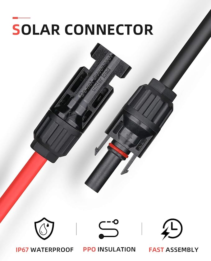BougeRV 70 Feet 10AWG Solar Extension Cable with Female and Male Connector with Extra Pair of Connectors Solar Panel Adaptor Kit Tool (70FT Red + 70FT Black)