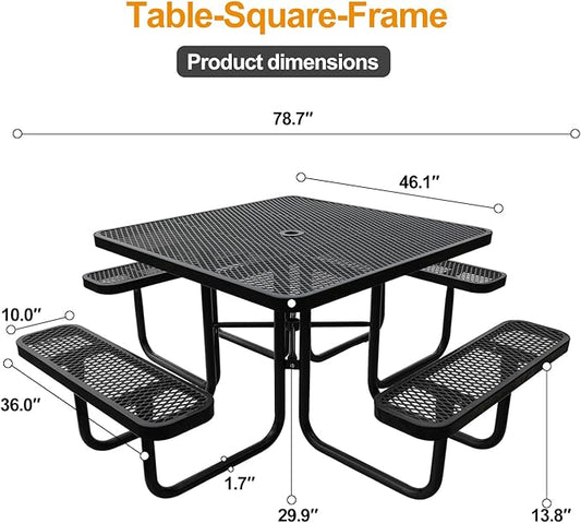 46-Inch Square Outdoor Picnic Table – Commercial Heavy-Duty Steel Dining Table with Thermoplastic Coating, Weather & Rust Resistant, Ideal for Parks, Patios, Schools, Campgrounds (Green)