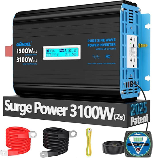 GIANDEL 1500 Watt Pure Sine Wave Power Inverter 12V DC to 120V AC,3100W Surge Peak Power,UL Listed GFCI Outlets,FCC Approved,USB-C36W,Remote with Battery Monitor for RVs,Campers,Off Grid Solar Setup