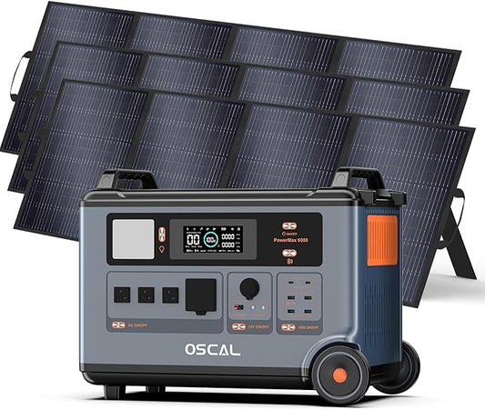 OSCAL 6000W AC Outlets (9000W Peak) Solar Generator with 3×400W Solar Panel, PowerMax 6000 120V/240V Split Phase Voltage, 2200W AC Charging/2400W Solar Charging, Emergency for Home, Battery Backup